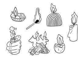 Doodle hand drawn set with candles and campfire. Black sketchy outline items related to fire on white background. Ideal for coloring pages, tattoo, pattern vector