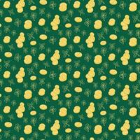 Flat coins and clover leaves seamless pattern. Irish celebration concept. Contour Irish leaves and flat coins on green background. Unique print design for textile, wallpaper, wrapping, background vector