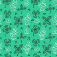 Shamrock and coins vector seamless pattern. Irish celebration concept. Flat Irish leaves and outline coins on green background. Unique print design for textile, wallpaper, wrapping, background