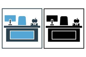 Teacher desk icon with computer. icon related to education, technology integrated teaching hub. solid icon style. element illustration vector