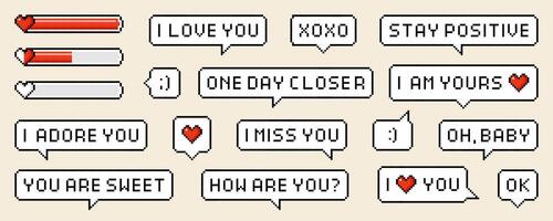 Pixel speech bubbles with worlds and phrases of love theme. Vector dialogue boxes with hearts. Chat speech or dialogue. 8-bit heart or love loading set