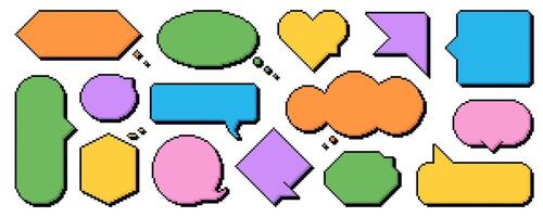 Pixel speech bubbles. Colored vector dialogue boxes. Chat speech or dialogue. Set of empty pixelated speech bubbles