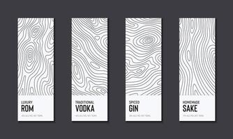 Alcohol label set of topographic line map. Wood rings, vector line pattern of shape countour. Outline pattern for brand logo templates. Contours of tree, concepts for bottle labels or banners