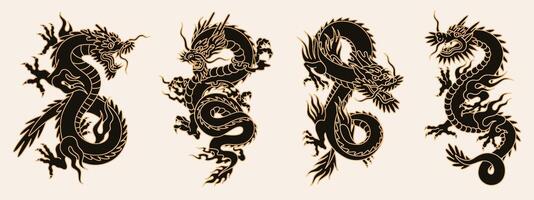 Set of four chinese dragons of black and gold colors. Symbol of New Year 2024. Asian vintage zodiac symbols. Design elements for your holiday banners and posters vector