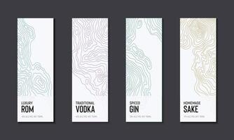 Alcohol label set of topographic line map. Wood rings, vector line pattern of shape countour. Outline pattern for brand logo templates. Contours of tree, concepts for bottle labels or banners