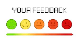 Feedback illustration with pixel flat colored emojis. Vector set of emoticons. Sad and happy mood icons. Vote scale symbol set