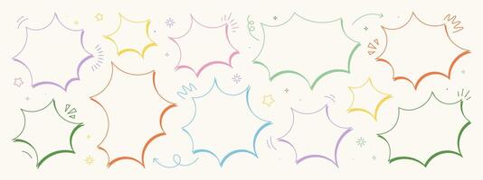 Set of hand-drawn speech bubbles. Colored vector chat speech or dialogue. There are icons such as arrows, dots, and sparkles.