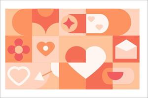 geometry abstract pattern with heart - love card. Vector illustration can used for valentines day, love day, wedding design. Flower, mail, hearts, bow, smile - romantic design in peach and pink colors