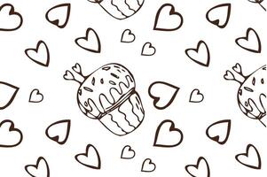 Hand drawn cupcake and heart outline background for bakery. Vector illustration isolated. Pattern can used for greeting card, invitation, menu background, poster, textile, wrapping paper, celebration banner