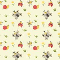 Cute butterfly and ladybug summer pattern. Vector illustration On yellow background.