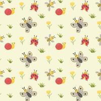 Cute butterfly and ladybug summer pattern. Vector illustration On yellow background.