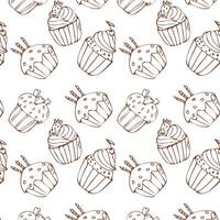 Doodle cupcake with candle outline background for banner. Vector illustration isolated. Pattern can used for greeting card, invitation, menu background, poster, textile, wrapping paper.