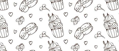 Hand drawn cupcake and macaroons, cherry, strawberry, hearts background. Vector illustration isolated. Pattern can used for greeting card, invitation, menu background, poster, textile, wrapping paper