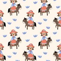 Hand drawn childish girl and horse background. Vector illustration with cartoon girl and animal character. Cute girl in dress on horse pattern.