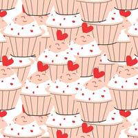 White cupcake with pink cream and red heart background. Vector illustration can used for greeting card, celebration banner, label, wedding card.