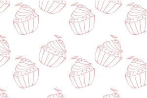 Hand drawn pink cupcake with cherry outline background for bakery. Vector illustration isolated. Pattern can used for greeting card, invitation, menu background, poster, textile, wrapping paper, celebration banner