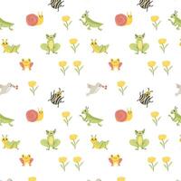 Cute insect sand animals snail and frog, bird seamless pattern. Vector illustration for summer textile background, fabric design, kids wallpaper, posters, nursery clothes.