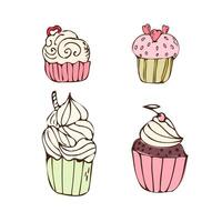 Doodle cupcakes with cream - sweet food icon isolated. Vector illustration can used for bakery background, invitation card, poster, textile, banner, greeting card, invitation card, bakery design