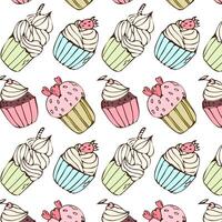 Hand drawn cupcake colourful background for bakery. Vector illustration isolated. Pattern can used for greeting card, invitation, menu background, poster, textile, wrapping paper, celebration banner