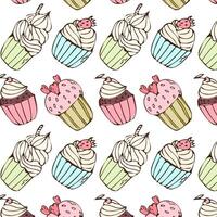 Hand drawn cupcake colourful background for bakery. Vector illustration isolated. Pattern can used for greeting card, invitation, menu background, poster, textile, wrapping paper, celebration banner