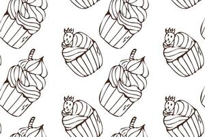 Hand drawn cupcake outline background with strawberry and cookie. Vector illustration isolated. Pattern can used for greeting card, invitation, menu background, poster, textile, wrapping paper, celebration banner
