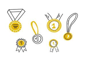 Doodle medal awards and pin icons - Hand drawn set. Vector illustration isolated. First place medal and awareness doodle illustration. Can used for label, banner, wrapping and packaging.