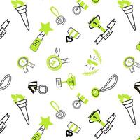 Hand drawn doodle awards design background with green elements. Vector illustration with outline and colors elements - cups, burning torch, medals.