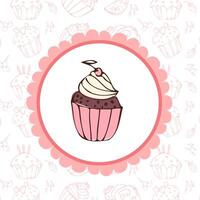 cute cupcake background template for bakery. Vector illustration with outline doodle pink cupcake background and label with muffin icon with cherry. Hand drawn sketch food pattern for bakery. Vintage style.