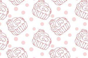 Hand drawn pink cupcake and dots outline doodle background for bakery. Vector illustration isolated. Pattern can used for greeting card, invitation, menu background, poster, textile, wrapping paper, celebration banner