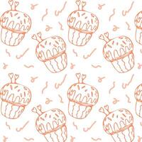 Hand drawn pink cupcake outline background with hearts. Vector illustration isolated. Pattern can used for greeting card, invitation, menu background, poster, textile, wrapping paper, banner