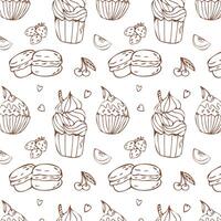 Hand drawn doodle cupcake outline pattern. Vector illustration isolated. Pattern can used for greeting card, invitation, menu background, poster, textile, wrapping paper, celebration banner