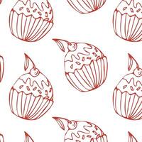 Hand drawn red cupcake outline background for bakery. Vector illustration isolated. Pattern can used for greeting card, invitation, menu background, poster, textile, wrapping paper, celebration banner