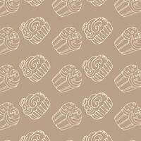Sketch doodle cupcake outline background for bakery. Vector illustration on brown background. Pattern can used for greeting card, invitation, menu background, poster, textile, wrapping paper
