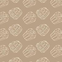 Sketch doodle cupcake outline background for bakery. Vector illustration on brown background. Pattern can used for greeting card, invitation, menu background, poster, textile, wrapping paper