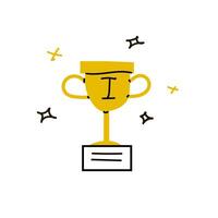 Hand drawn doodle award golden 1 place icon isolated. Vector illustration can used for banner, label, card. Doodle drawing in yellow color.