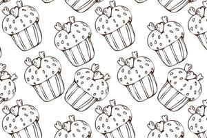 Hand drawn cupcake doodle background for bakery. Vector illustration isolated. Pattern can used for greeting card, invitation, menu background, poster, textile, wrapping paper, celebration banner