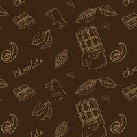 Cocoa beans doodle sketch and chocolate dark background. Vector illustration isolated. Hand drawn outline vector illustration. Suitable for wrapping, packaging, poster. Chocolate sliced, chips and candy.