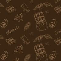 Cocoa beans doodle sketch and chocolate dark background. Vector illustration isolated. Hand drawn outline vector illustration. Suitable for wrapping, packaging, poster. Chocolate sliced, chips and candy.