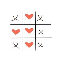 Tic tac toe game with criss cross and red heart. Vector illustration isolated. Can used for greeting card for valentines day.