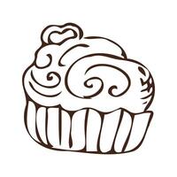 Doodle cupcake - sweet food icon outline. Vector illustration can used for bakery background, invitation card, poster, textile, banner, greeting card, invitation card, bakery design