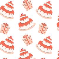 Pink cake and gift seamless pattern with heart for party. Vector illustration isolated. Can used for wrapping, scrapping, cover design for anniversary, birthday card, banner, valentines day background.