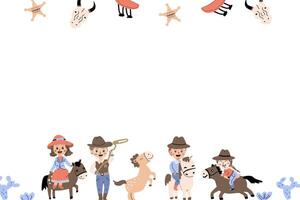 cowboy kids party cartoon background with boys and girls. Vector illustration isolated. Can used for invitation, greeting card, celebration design. Horizontal banner with kids and horses.