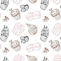 Hand drawn pink, black and brown cupcake pattern. Vector illustration isolated. Pattern can used for greeting card, invitation, menu background, poster, textile, wrapping paper.