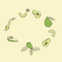 Set of avocado fruits outline Hand drawn background on yellow backdrop. Vector illustration isolated. Can used for wrapping, packaging, poster, cover design, textile and backdrop for cosmetic and food.