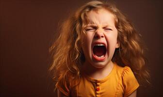 AI generated Little girl crying with blue shirt isolated on pink background. photo