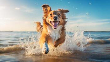 ai generado contento perro corriendo con un lote de salpicaduras en un arenoso verano playa. foto