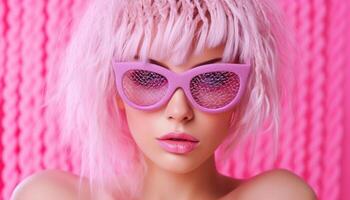 AI generated Abstract fantasy girl wearing colorful fluffy fur stole around her neck and sunglasses. Light form Studio lighting on pink background. photo