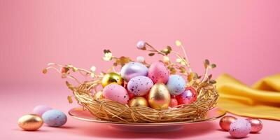 AI generated Rainbow and gold Easter eggs on table setting isolate on pink background. photo