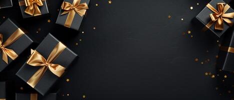 AI generated Web-banner with luxury gift boxes on classic dark background. Top view, Banner photo