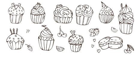 Doodle cupcake - sweet food and berry icons isolated. Vector illustration can used for bakery background, invitation card, poster, textile, banner, greeting card, invitation card, bakery design